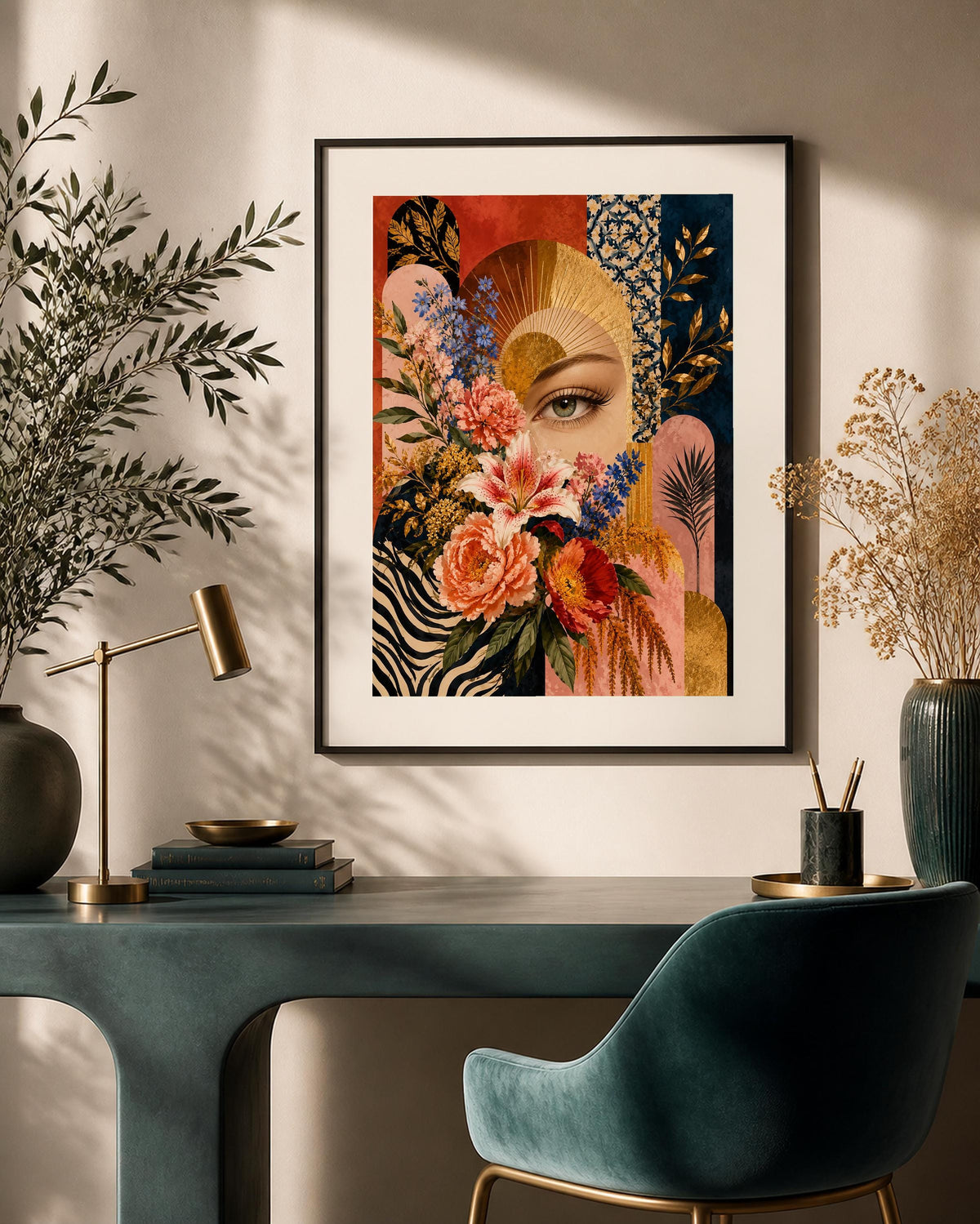 Sguardo Botanico, occhio tra fiori e forme decorative — stampa senza cornice, stampa incorniciata o tela