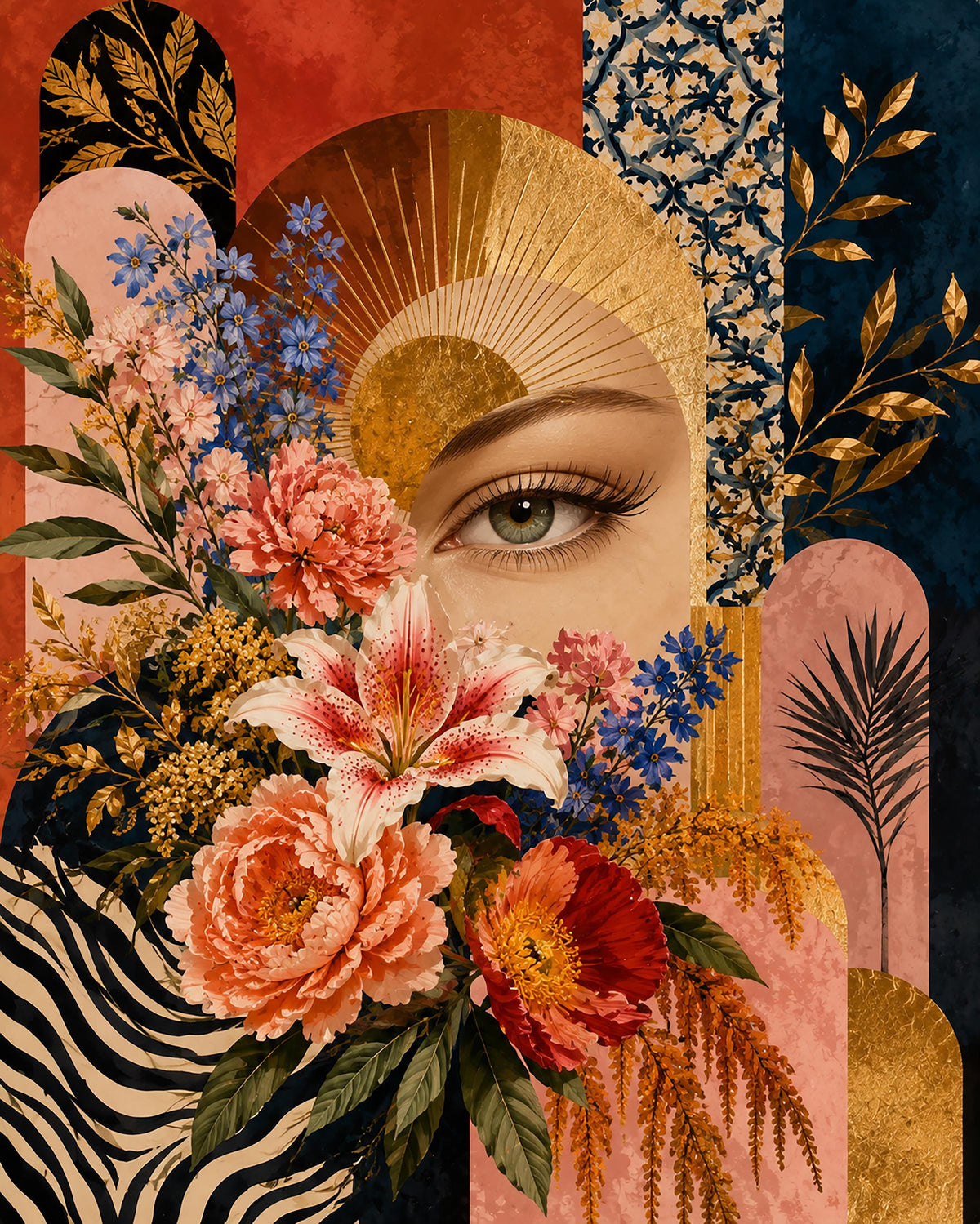 Sguardo Botanico, occhio tra fiori e forme decorative — stampa senza cornice, stampa incorniciata o tela