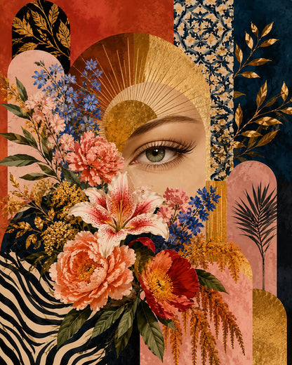 Sguardo Botanico, occhio tra fiori e forme decorative — stampa senza cornice, stampa incorniciata o tela