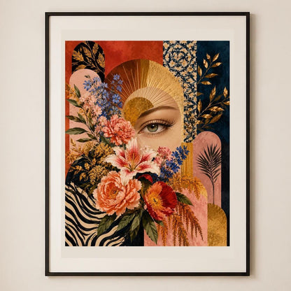 Sguardo Botanico, occhio tra fiori e forme decorative — stampa senza cornice, stampa incorniciata o tela