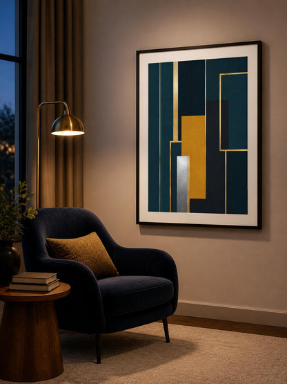 Quadro geometria art deco blu e oro - Architettura Dorata I, stampa, tela o cornice