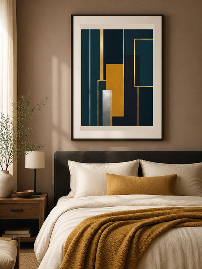 Quadro geometria art deco blu e oro - Architettura Dorata I, stampa, tela o cornice