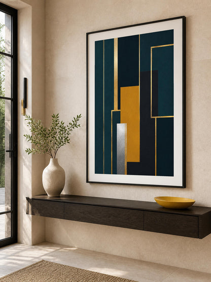Quadro geometria art deco blu e oro - Architettura Dorata I, stampa, tela o cornice
