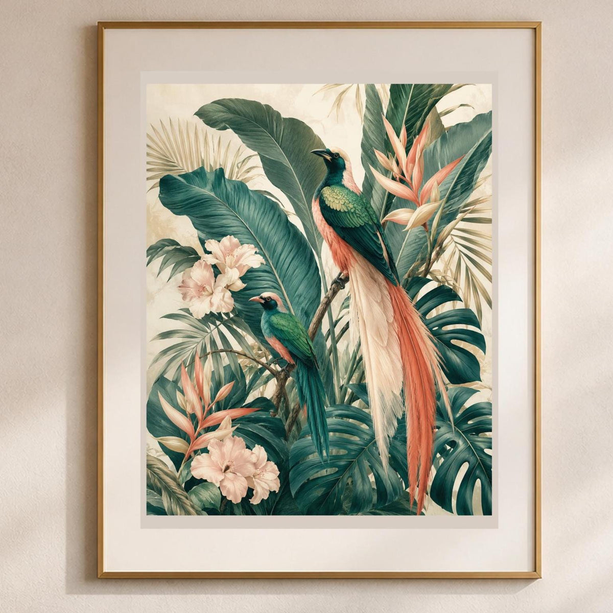 Paradiso Tropicale, uccelli tra foglie e fiori tropicali — stampa senza cornice, stampa incorniciata o tela