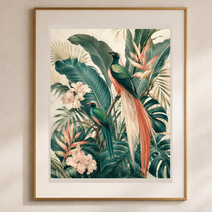 Paradiso Tropicale, uccelli tra foglie e fiori tropicali — stampa senza cornice, stampa incorniciata o tela