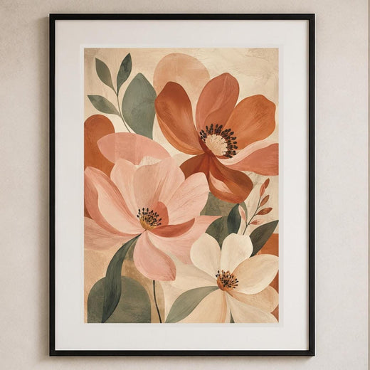 Fioritura Terracotta, fiori stilizzati dai grandi petali — stampa senza cornice, stampa incorniciata o tela