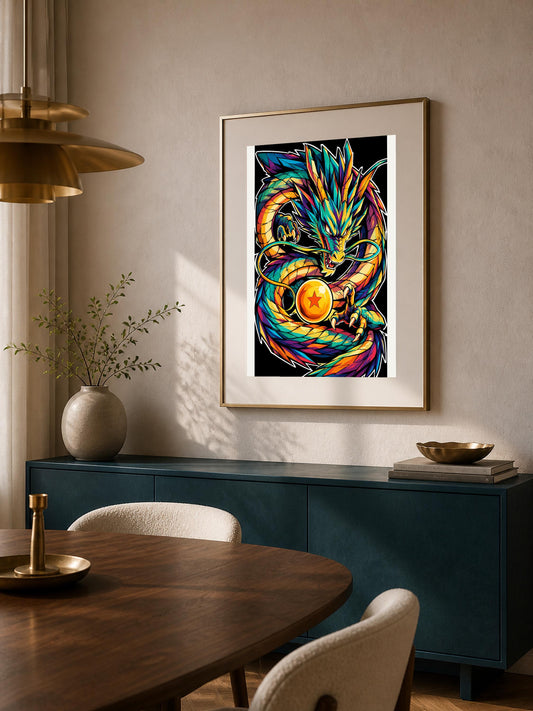 Quadro drago orientale con sfera stellata - Drago Cosmico e Sfera, stampa, tela o cornice