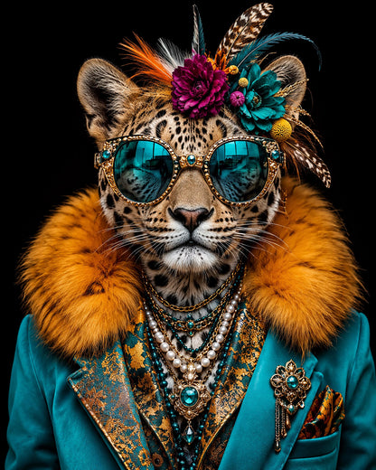 Quadro leopardo elegante con occhiali e gioielli - Leopardo Dandy, stampa, tela o cornice