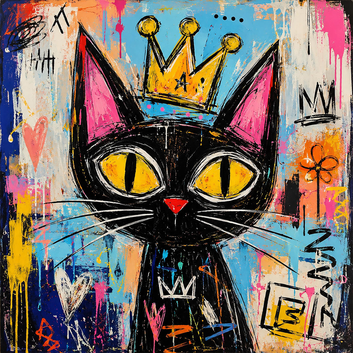Quadro gatto nero con corona in stile street art - Gatto Reale Pop, stampa, tela o cornice