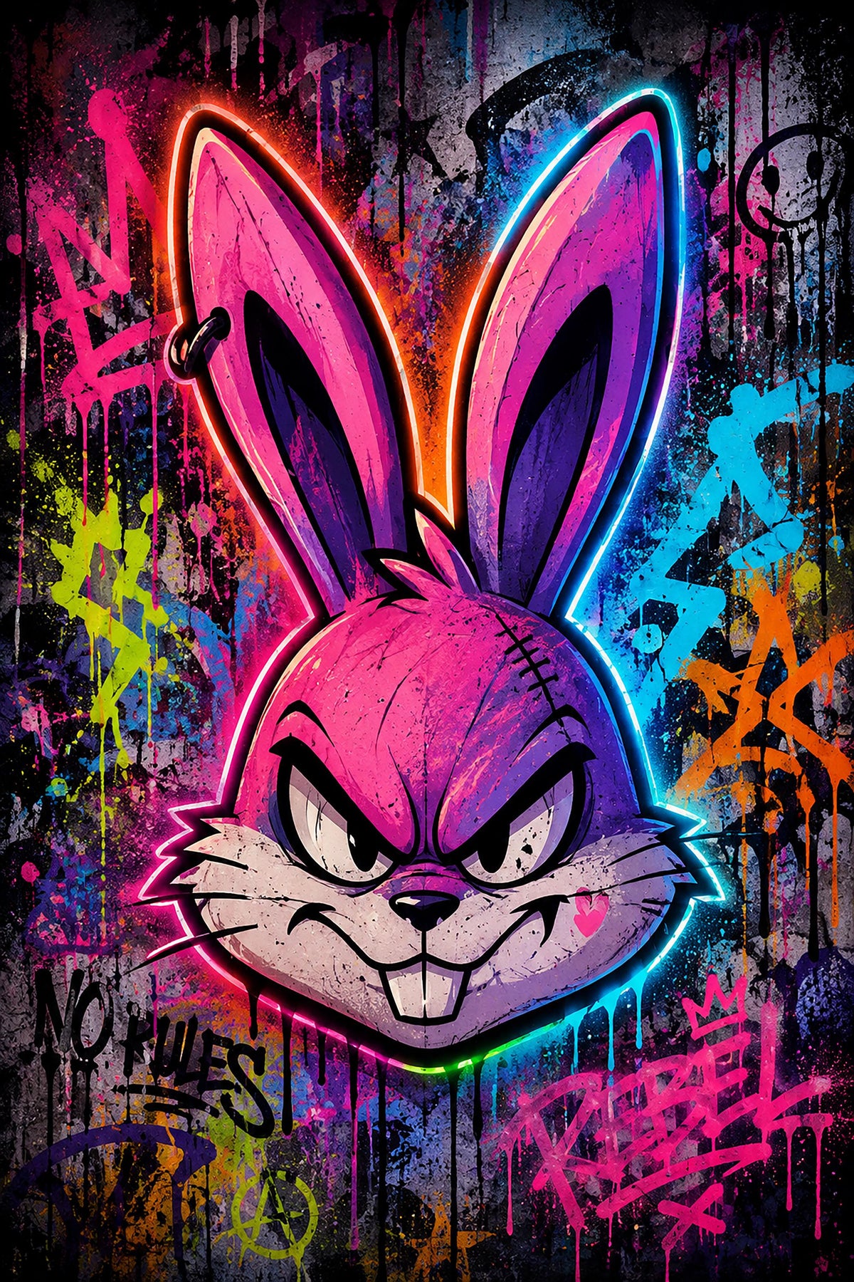 Quadro volto di coniglio animato in graffiti neon - Coniglio Neon Ribelle, stampa, tela o cornice