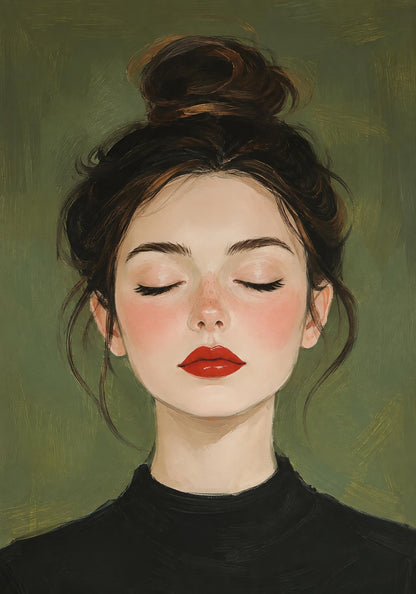Quadro ritratto femminile con occhi chiusi e rossetto rosso - Rossetto Rosso I, stampa, tela o cornice