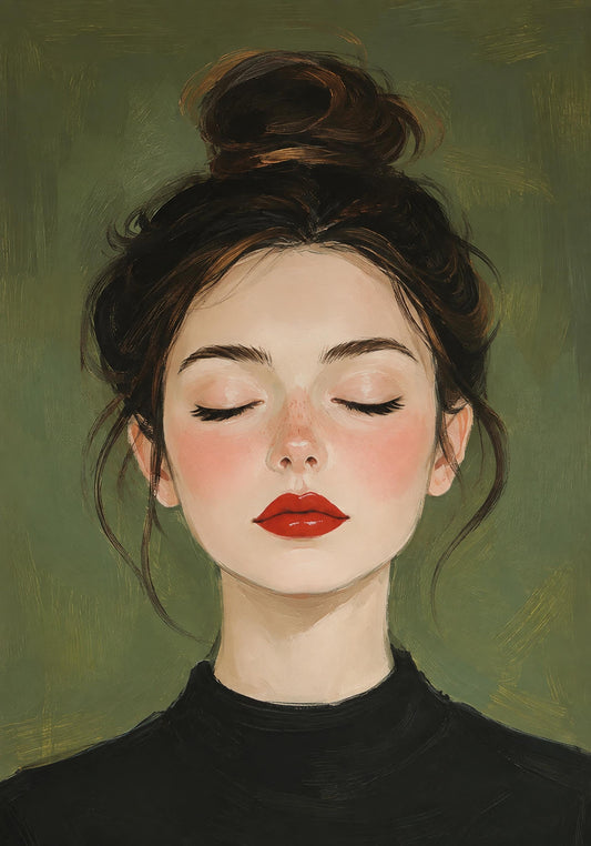 Quadro ritratto femminile con occhi chiusi e rossetto rosso - Rossetto Rosso I, stampa, tela o cornice