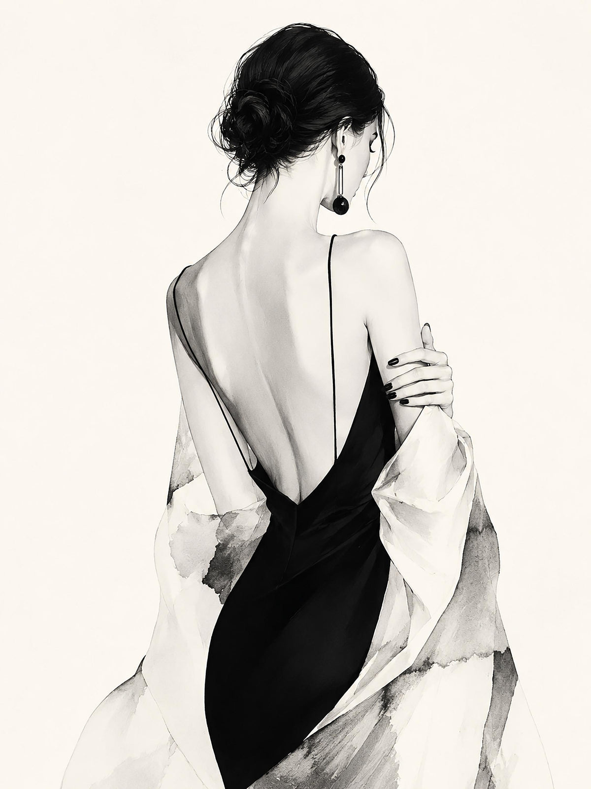 Quadro figura femminile di spalle in abito nero - Eleganza in Nero, stampa, tela o cornice