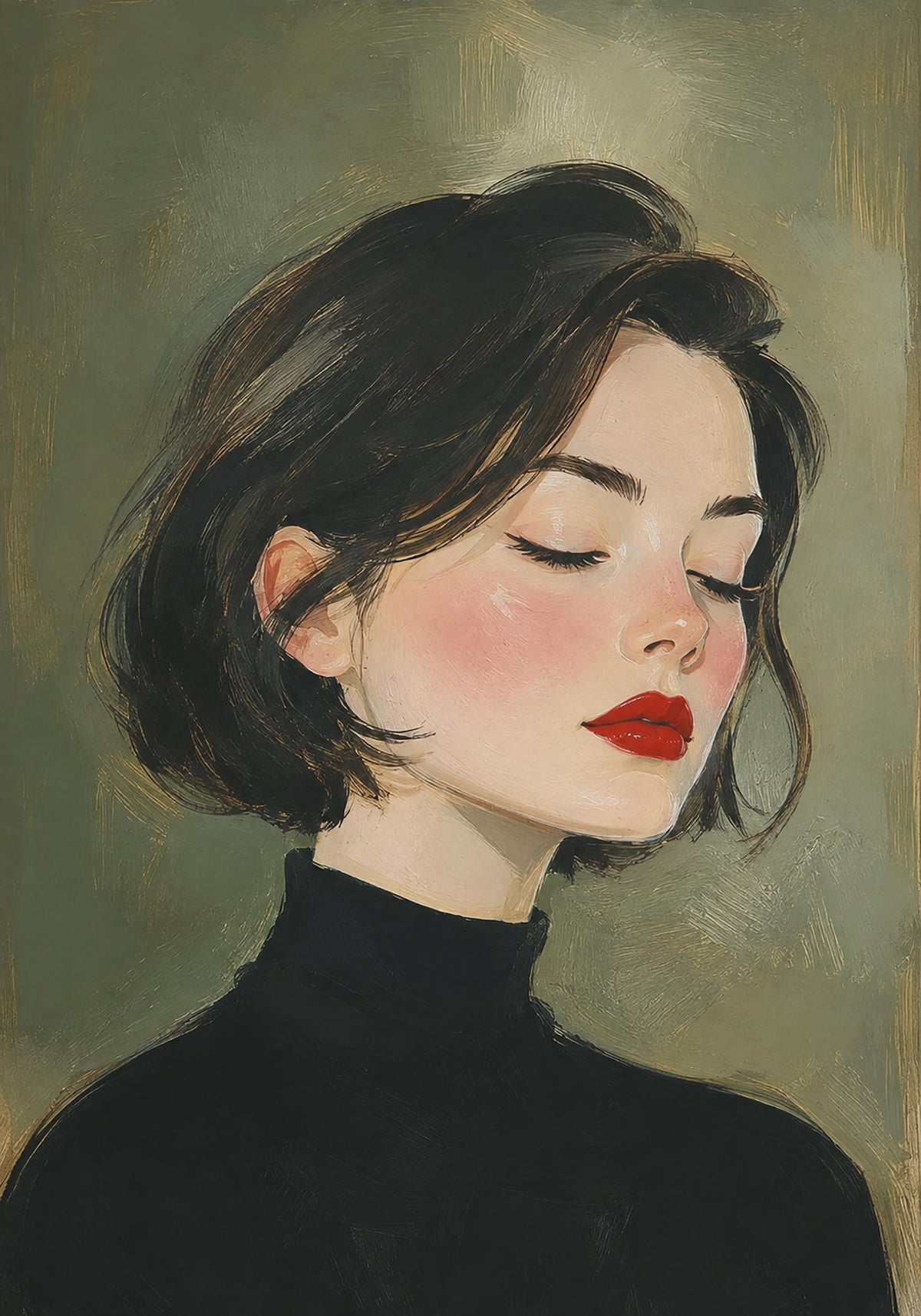 Quadro profilo femminile con dolcevita nero - Profilo in Rosso, stampa, tela o cornice