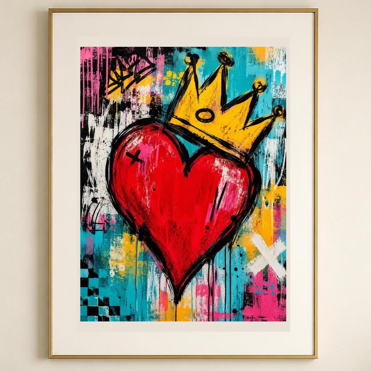 Quadro cuore rosso con corona e fondo pittorico - Cuore Incoronato, stampa, tela o cornice