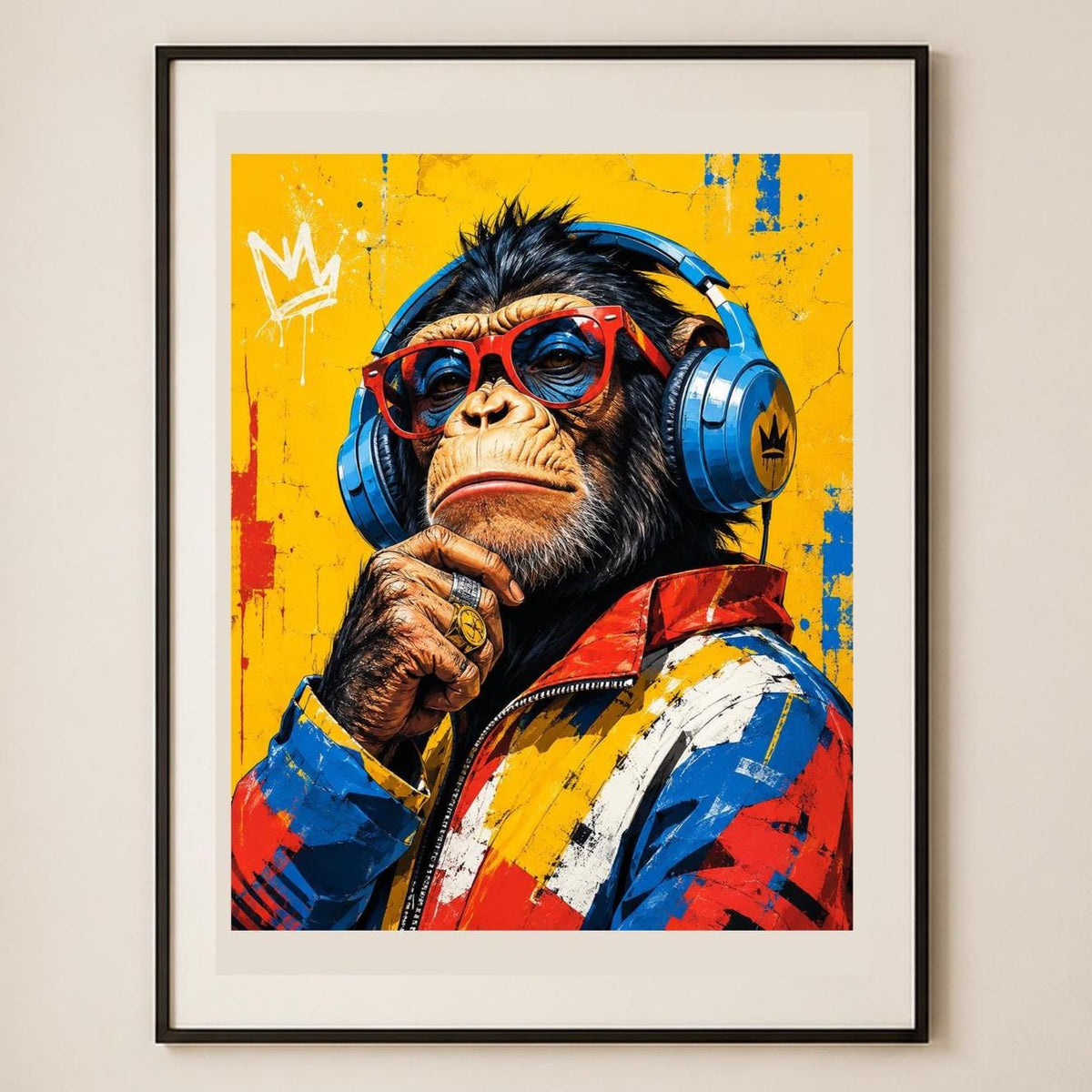 Quadro scimpanzé con cuffie e occhiali - Scimmia Beat, stampa, tela o cornice