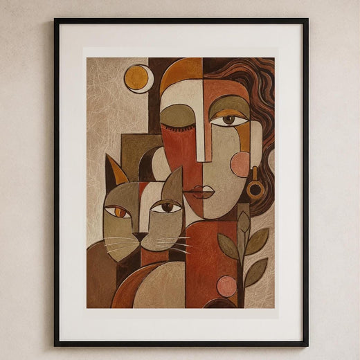 Donna e Gatto, ritratto cubista — stampa senza cornice, stampa incorniciata o tela