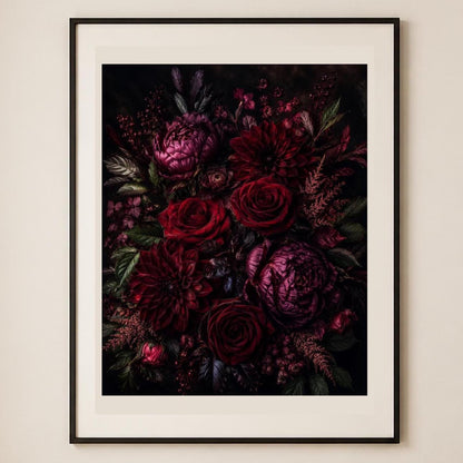 Quadro bouquet floreale scuro - Fioritura cremisi, stampa, tela o cornice
