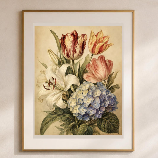 Quadro bouquet botanico vintage - Tulipani e Ortensie, stampa, tela o cornice