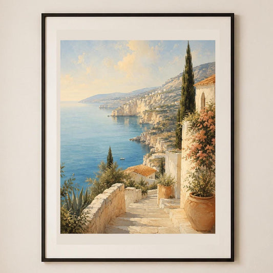 Quadro scalinata mediterranea affacciata sul mare - Sentiero sulla Costiera, stampa, tela o cornice