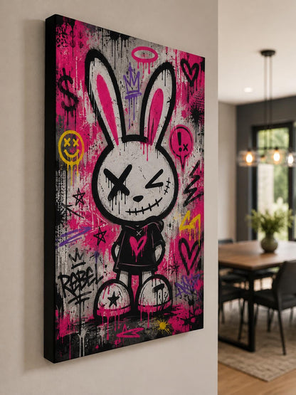 Quadro coniglio grafico con un occhio a croce - Coniglio Street Pink, stampa, tela o cornice