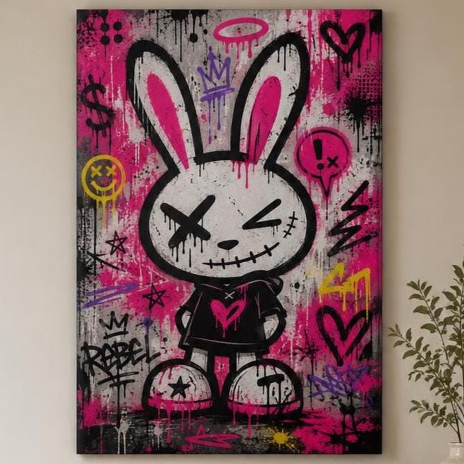 Quadro coniglio grafico con un occhio a croce - Coniglio Street Pink, stampa, tela o cornice