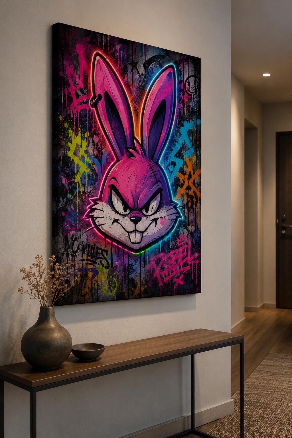 Quadro volto di coniglio animato in graffiti neon - Coniglio Neon Ribelle, stampa, tela o cornice