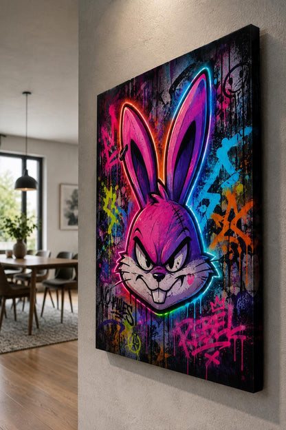 Quadro volto di coniglio animato in graffiti neon - Coniglio Neon Ribelle, stampa, tela o cornice