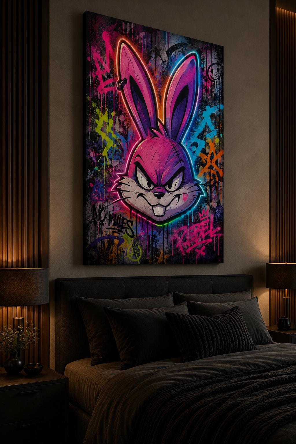 Quadro volto di coniglio animato in graffiti neon - Coniglio Neon Ribelle, stampa, tela o cornice