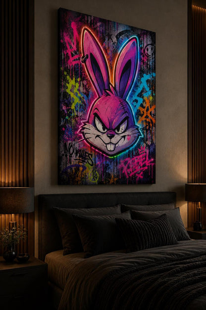 Quadro volto di coniglio animato in graffiti neon - Coniglio Neon Ribelle, stampa, tela o cornice
