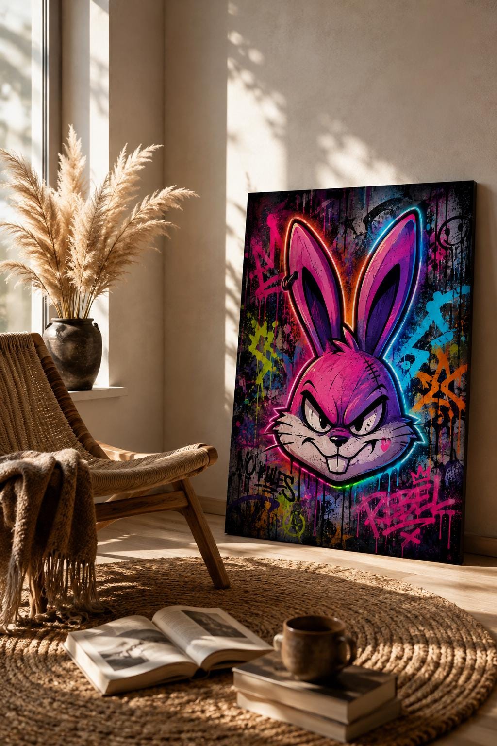 Quadro volto di coniglio animato in graffiti neon - Coniglio Neon Ribelle, stampa, tela o cornice