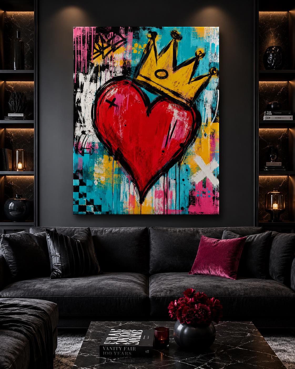 Quadro cuore rosso con corona e fondo pittorico - Cuore Incoronato, stampa, tela o cornice