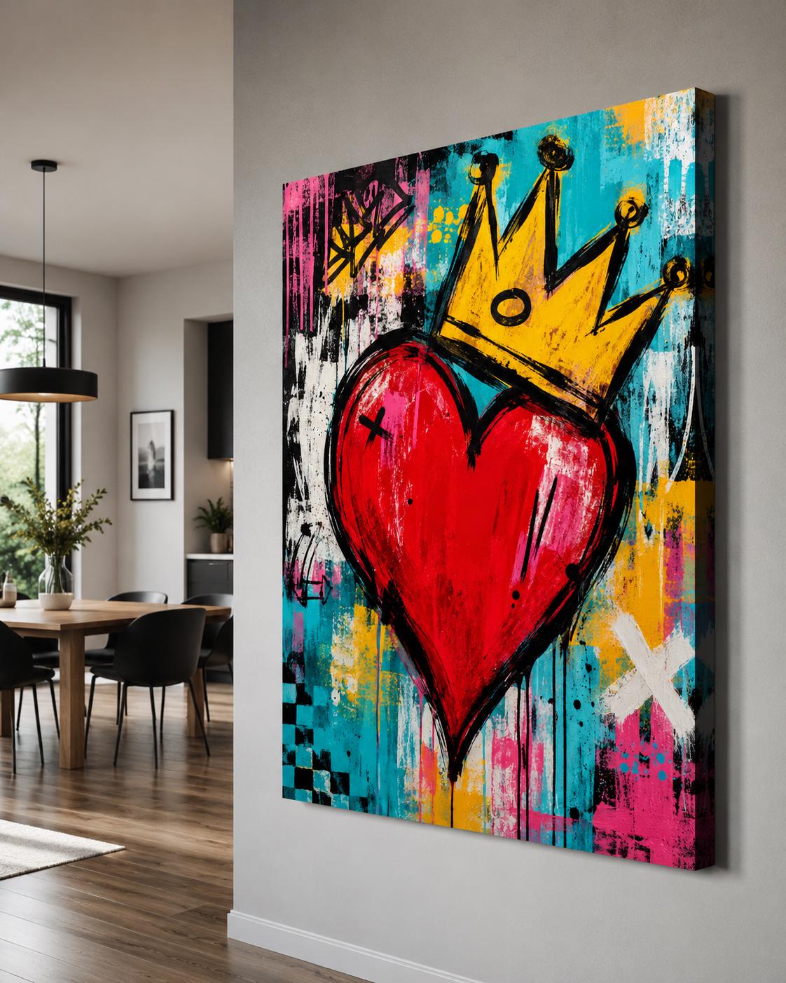 Quadro cuore rosso con corona e fondo pittorico - Cuore Incoronato, stampa, tela o cornice