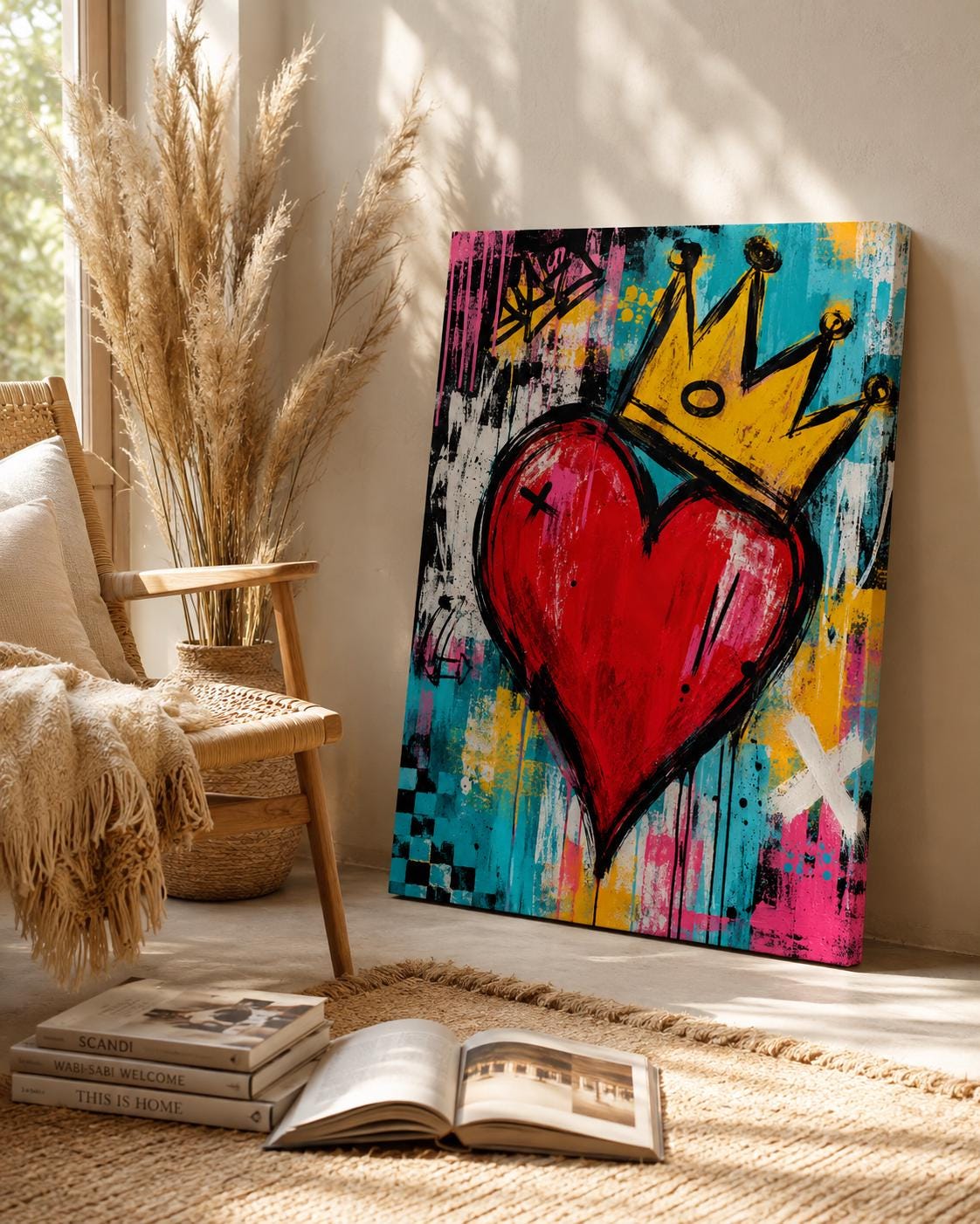 Quadro cuore rosso con corona e fondo pittorico - Cuore Incoronato, stampa, tela o cornice