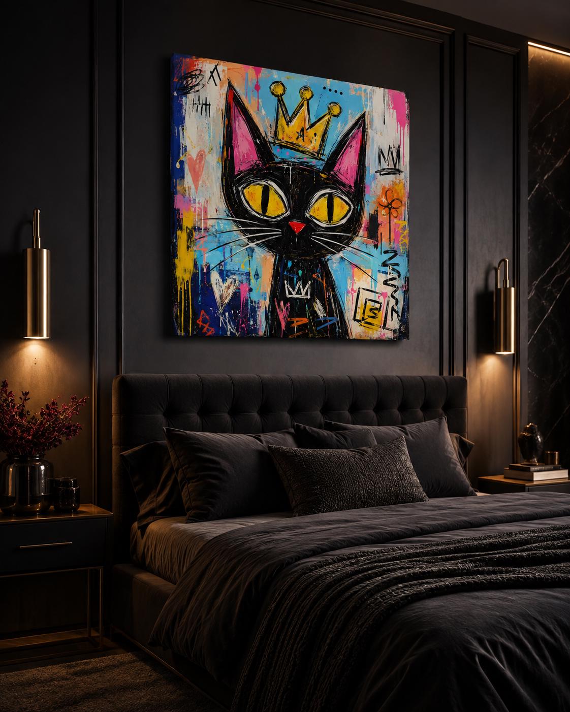Quadro gatto nero con corona in stile street art - Gatto Reale Pop, stampa, tela o cornice