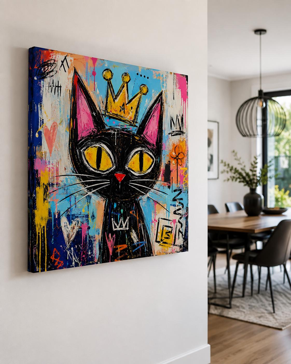 Quadro gatto nero con corona in stile street art - Gatto Reale Pop, stampa, tela o cornice