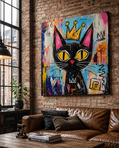 Quadro gatto nero con corona in stile street art - Gatto Reale Pop, stampa, tela o cornice