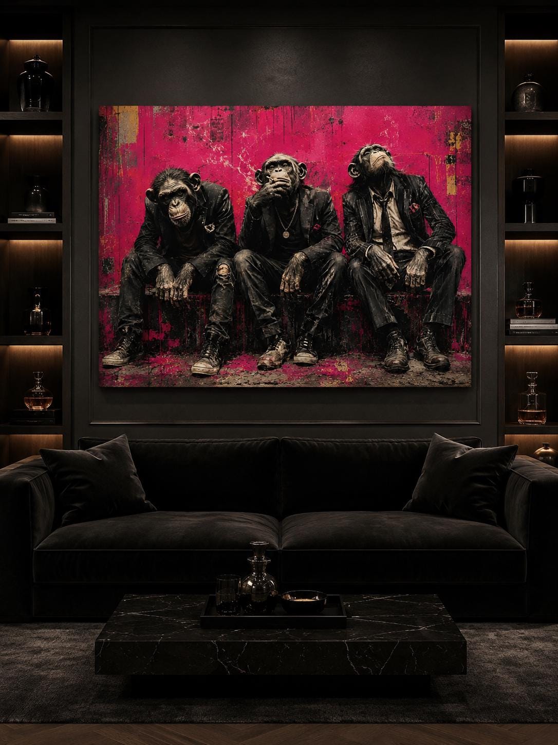Quadro tre scimpanzé in abiti urbani - Tre Spiriti Urbani, stampa, tela o cornice