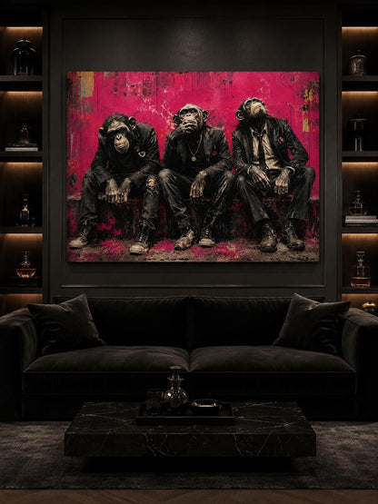 Quadro tre scimpanzé in abiti urbani - Tre Spiriti Urbani, stampa, tela o cornice