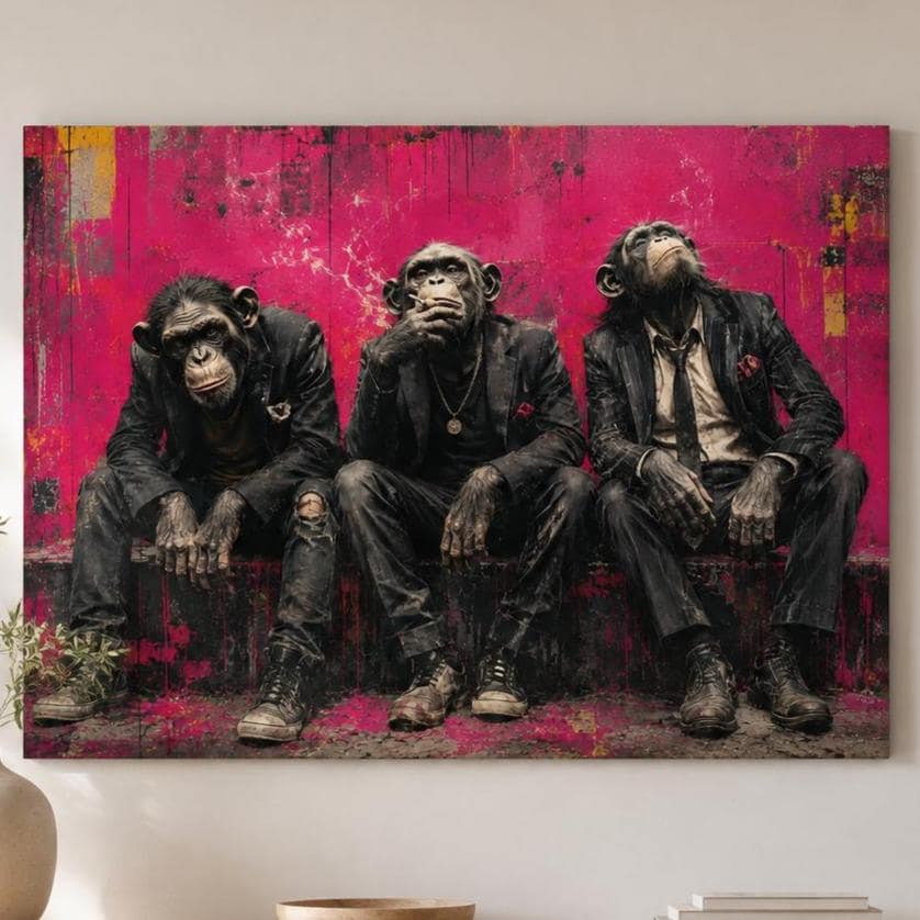 Quadro tre scimpanzé in abiti urbani - Tre Spiriti Urbani, stampa, tela o cornice