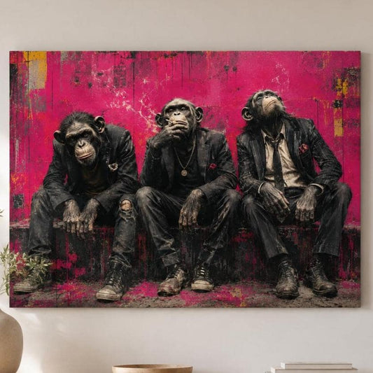 Quadro tre scimpanzé in abiti urbani - Tre Spiriti Urbani, stampa, tela o cornice