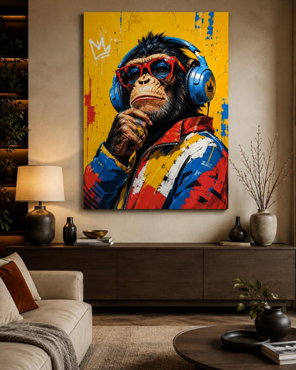 Quadro scimpanzé con cuffie e occhiali - Scimmia Beat, stampa, tela o cornice