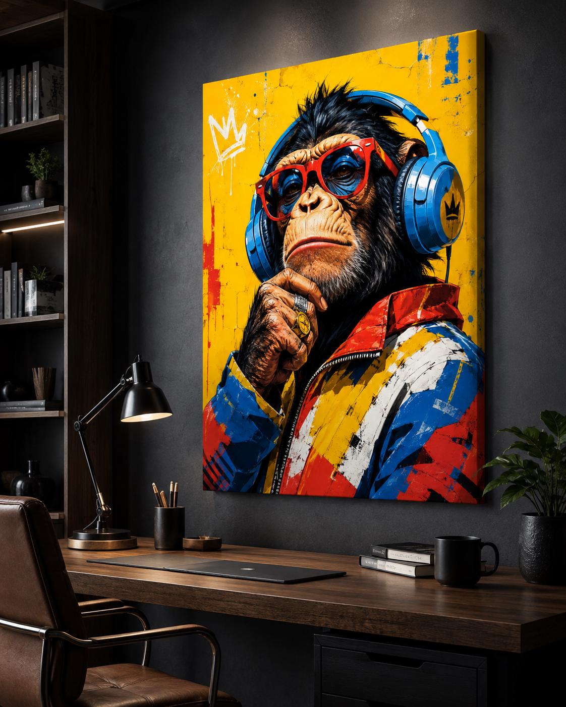Quadro scimpanzé con cuffie e occhiali - Scimmia Beat, stampa, tela o cornice