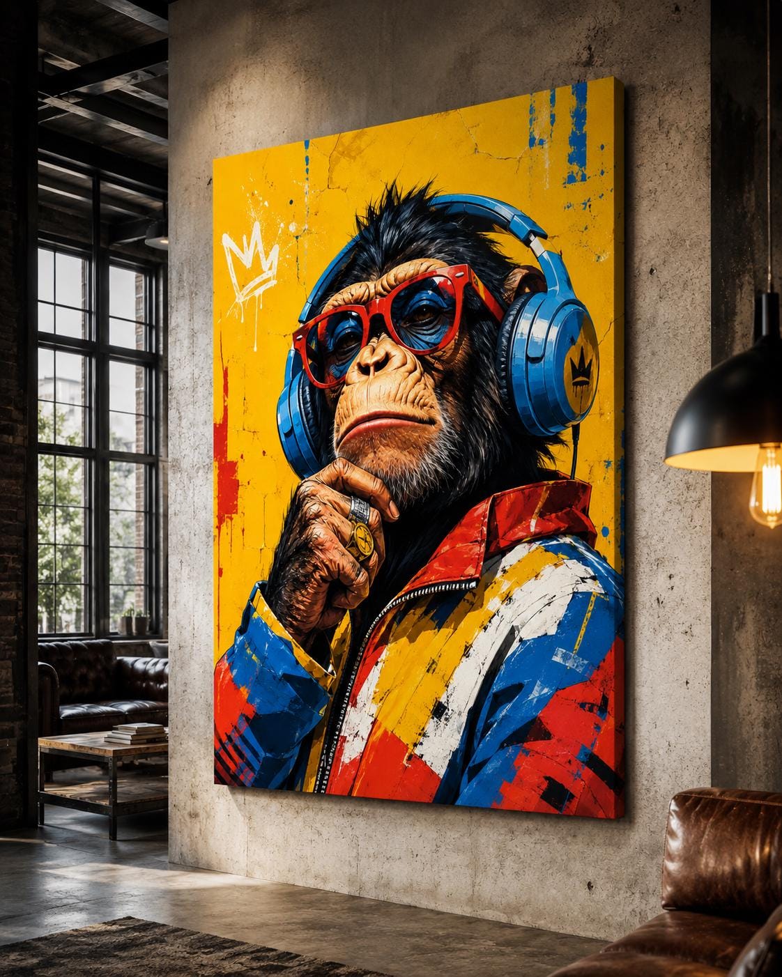 Quadro scimpanzé con cuffie e occhiali - Scimmia Beat, stampa, tela o cornice
