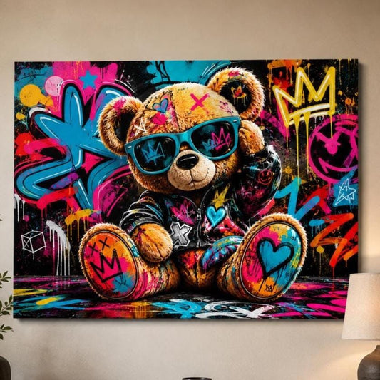 Quadro orsetto con occhiali in ambiente graffiti - Orsetto Street Pop, stampa, tela o cornice