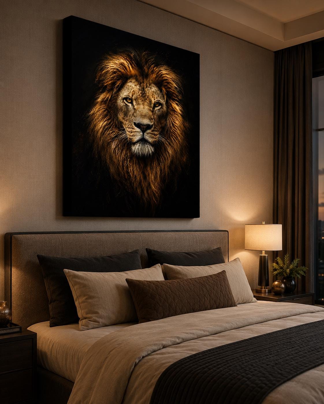 Quadro ritratto frontale di leone su fondo nero - Re della Savana, stampa, tela o cornice