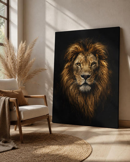 Quadro ritratto frontale di leone su fondo nero - Re della Savana, stampa, tela o cornice