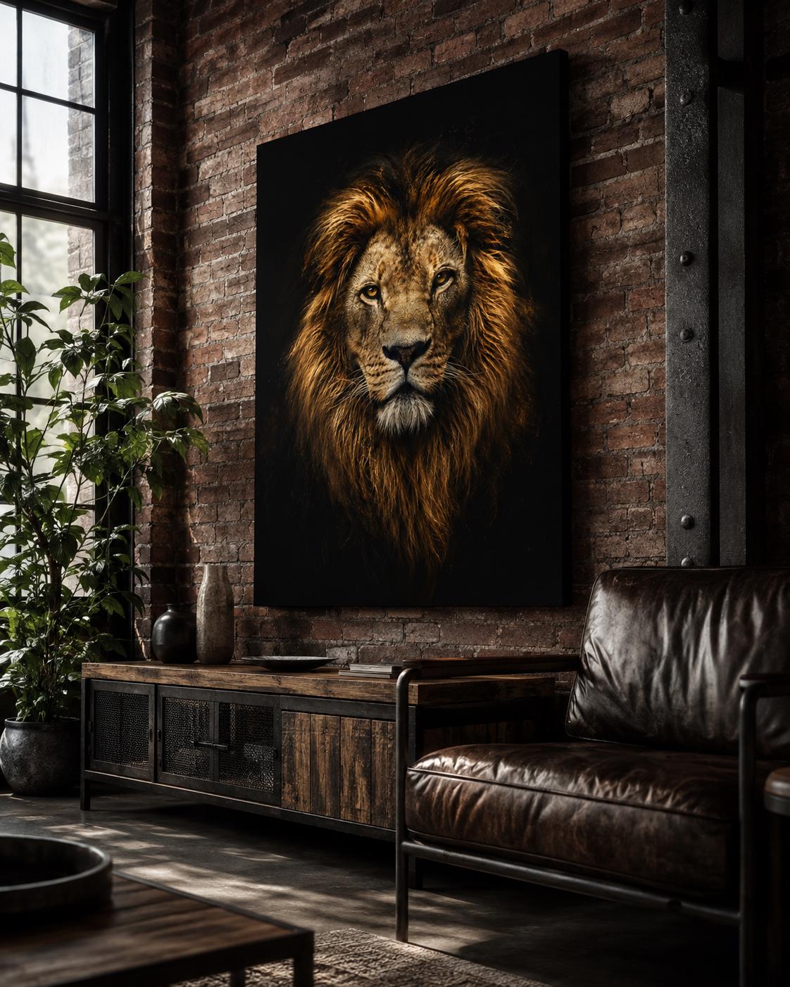 Quadro ritratto frontale di leone su fondo nero - Re della Savana, stampa, tela o cornice