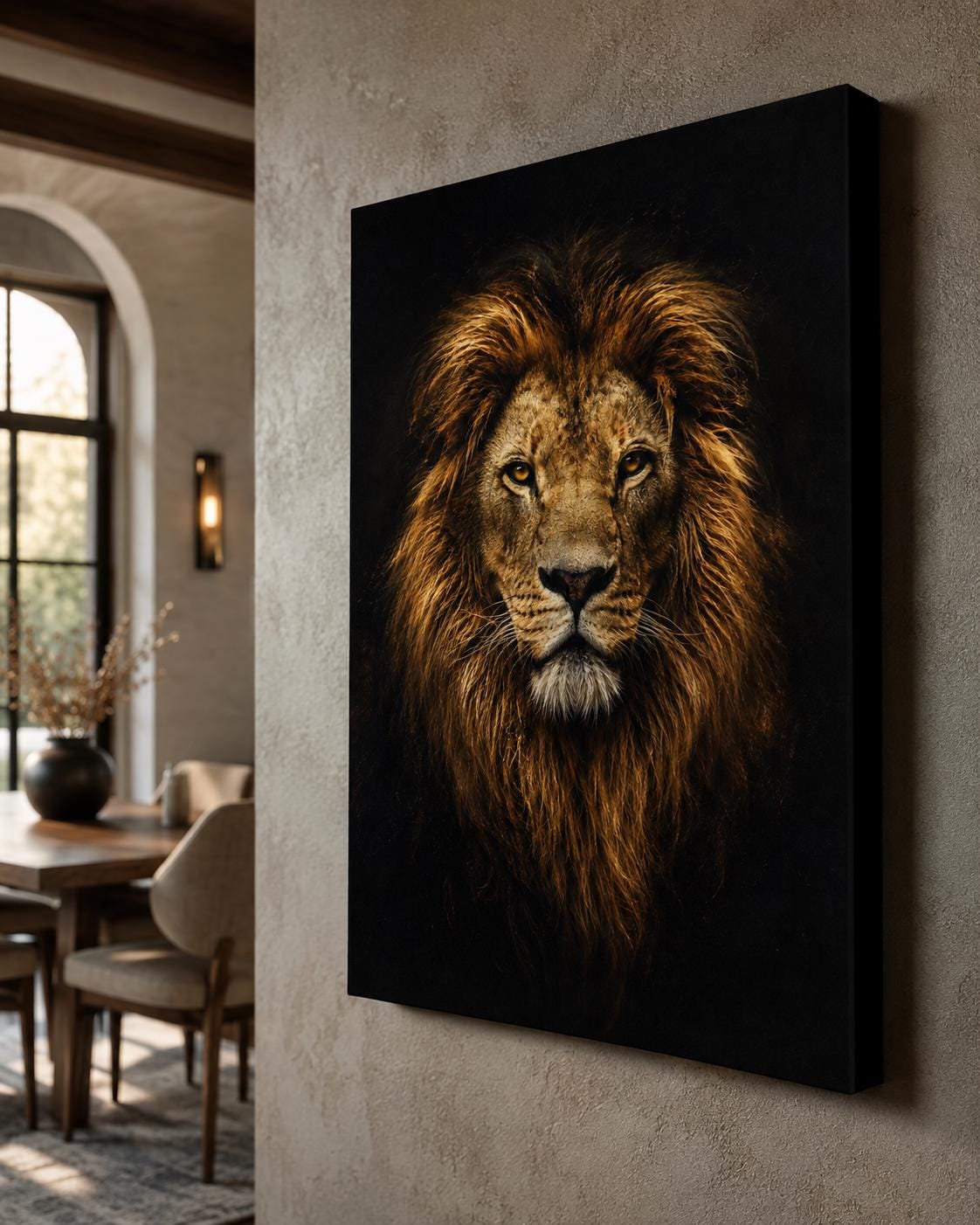 Quadro ritratto frontale di leone su fondo nero - Re della Savana, stampa, tela o cornice