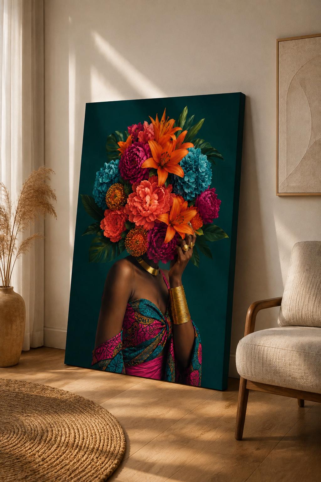Quadro figura femminile con bouquet al posto del volto - Fioritura Interiore, stampa, tela o cornice